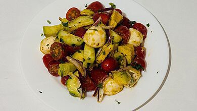 Tomato Cucumber Avocado Salad with Mozzarella and Pesto