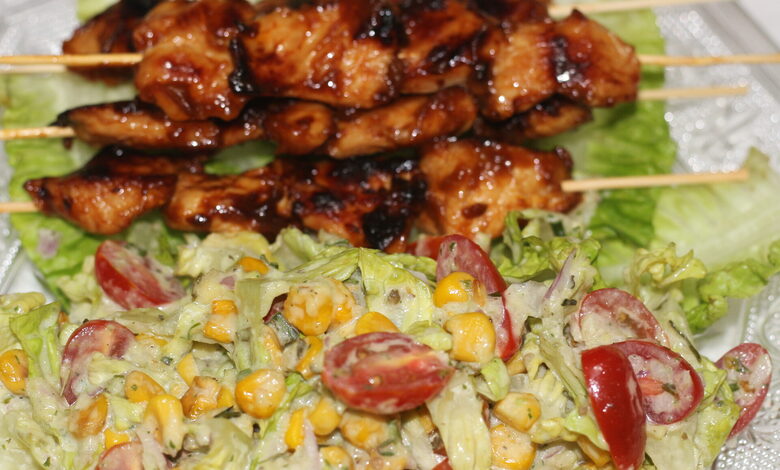 BBQ chicken skewer salad