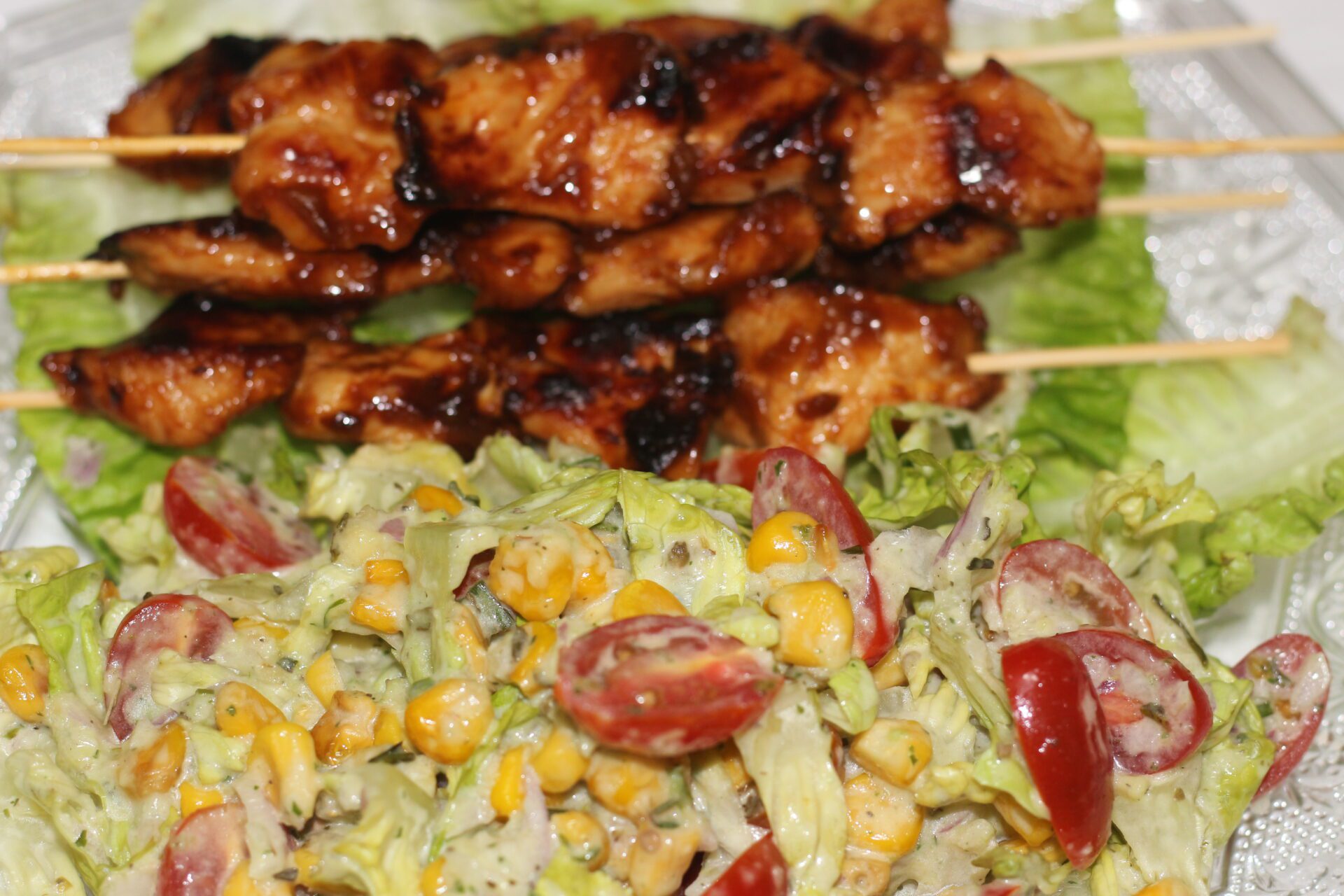 BBQ chicken skewer salad